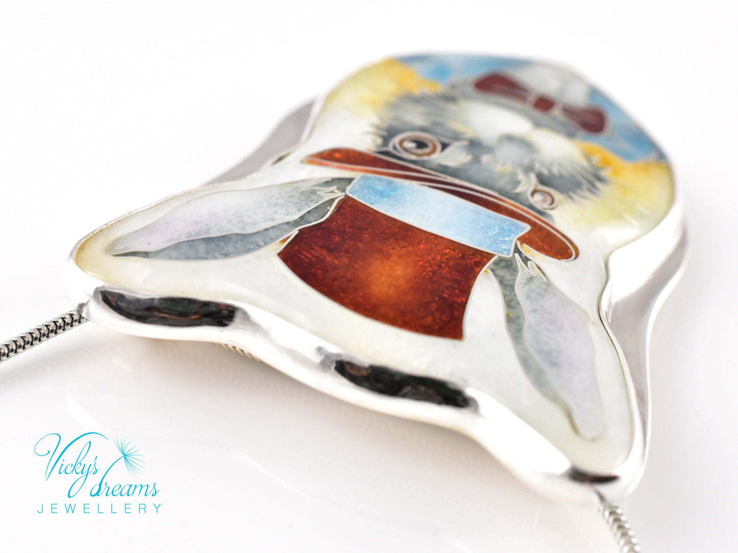 Handmade Bunny in a Hat cloisonné pendant necklace in sterling silver