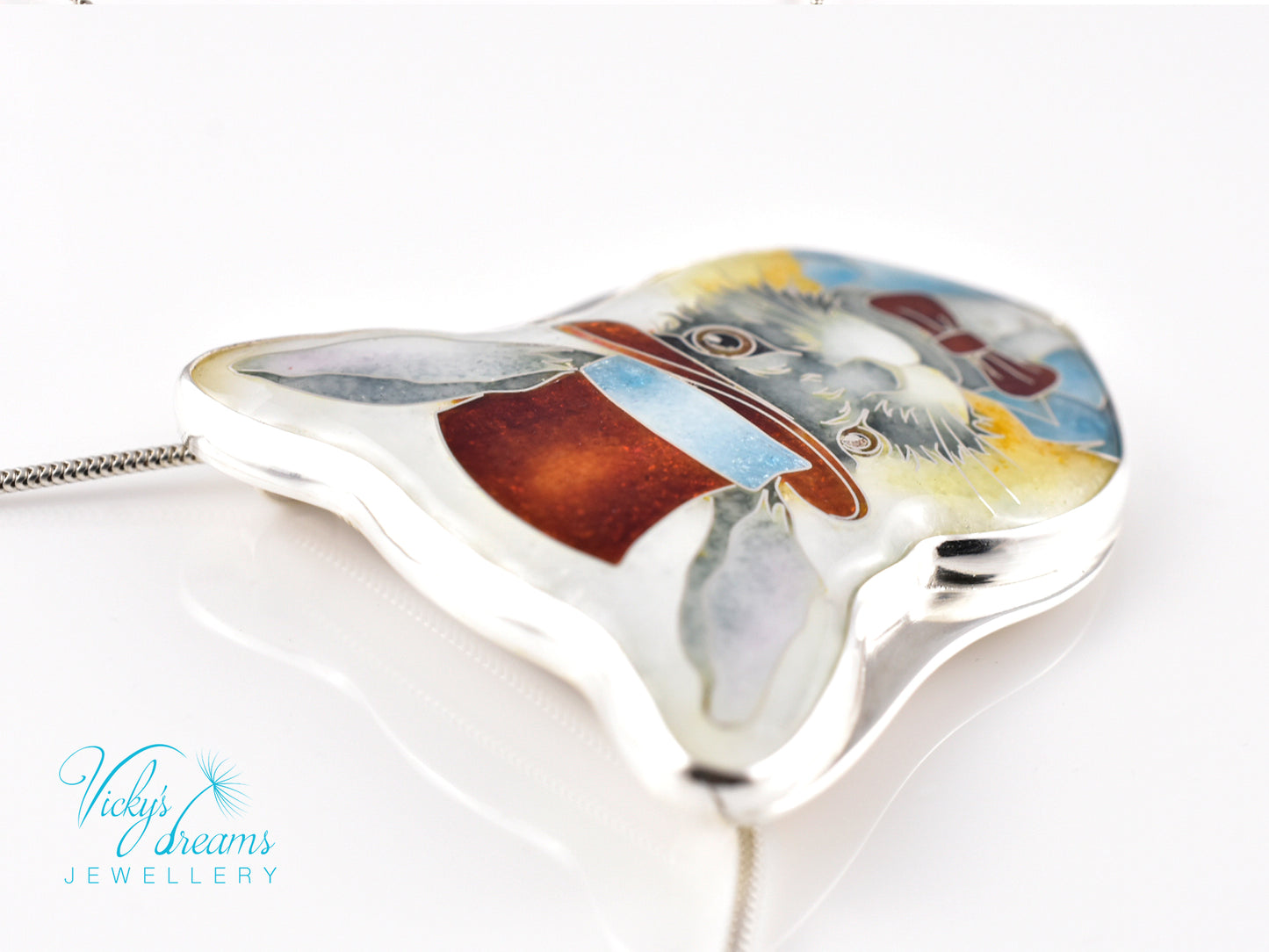 Handmade Bunny in a Hat cloisonné pendant necklace in sterling silver