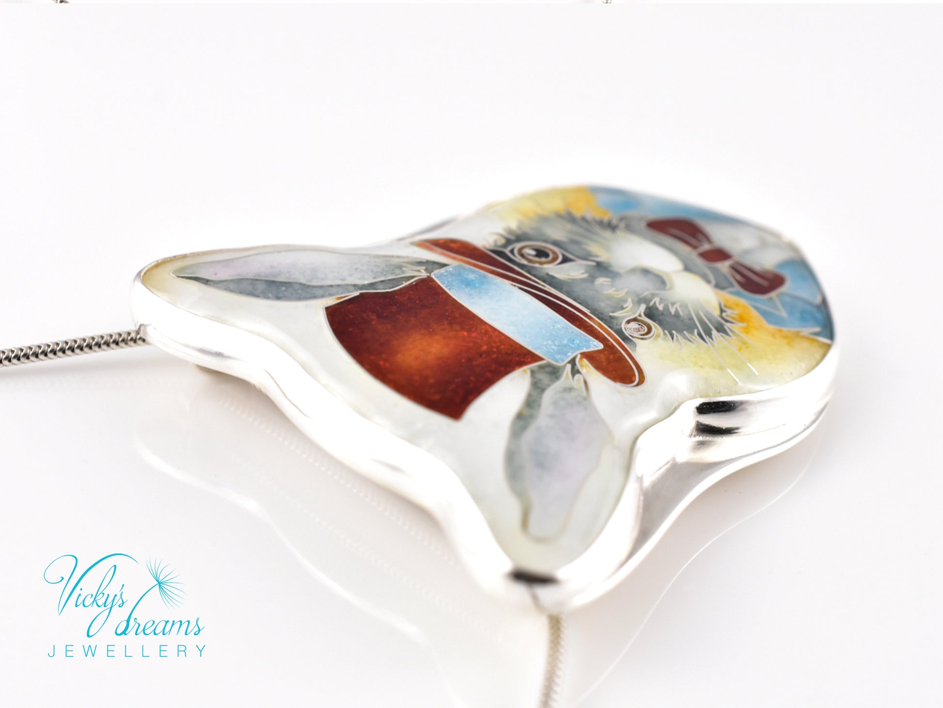 Handmade Bunny in a Hat cloisonné pendant necklace in sterling silver