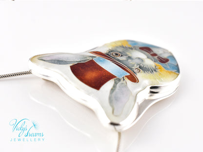 Handmade Bunny in a Hat cloisonné pendant necklace in sterling silver