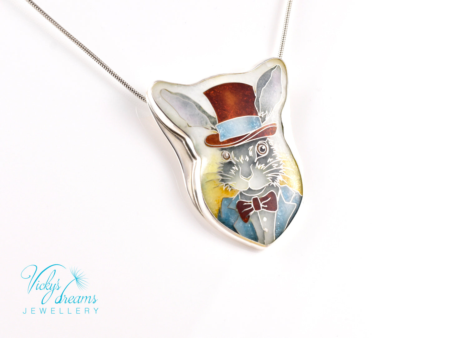 Handmade Bunny in a Hat cloisonné pendant necklace in sterling silver