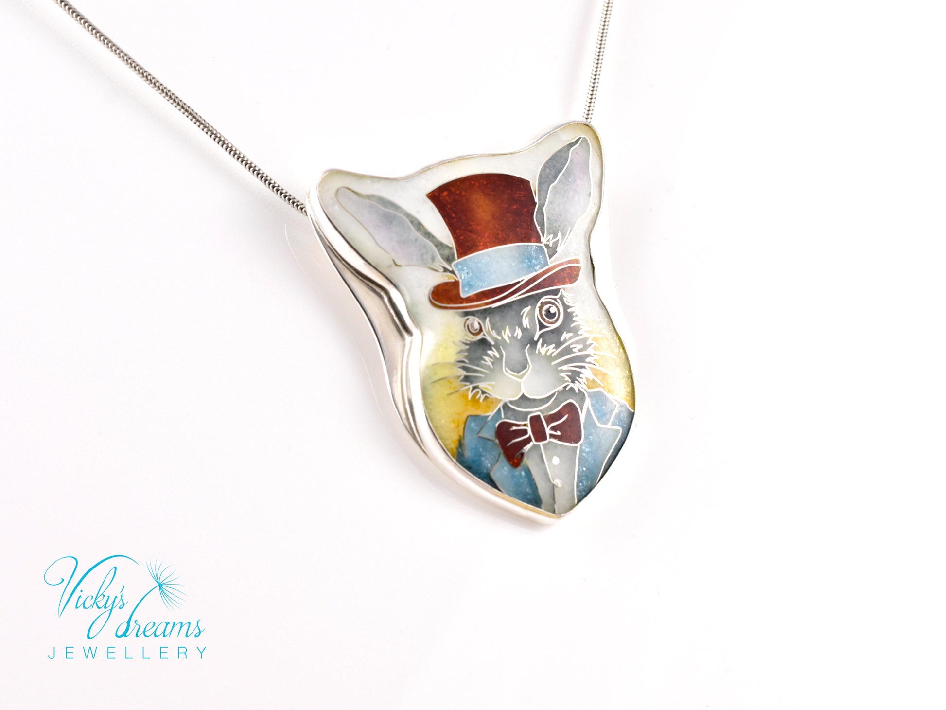 Handmade Bunny in a Hat cloisonné pendant necklace in sterling silver