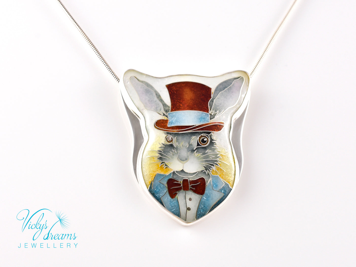 Handmade Bunny in a Hat cloisonné pendant necklace in sterling silver