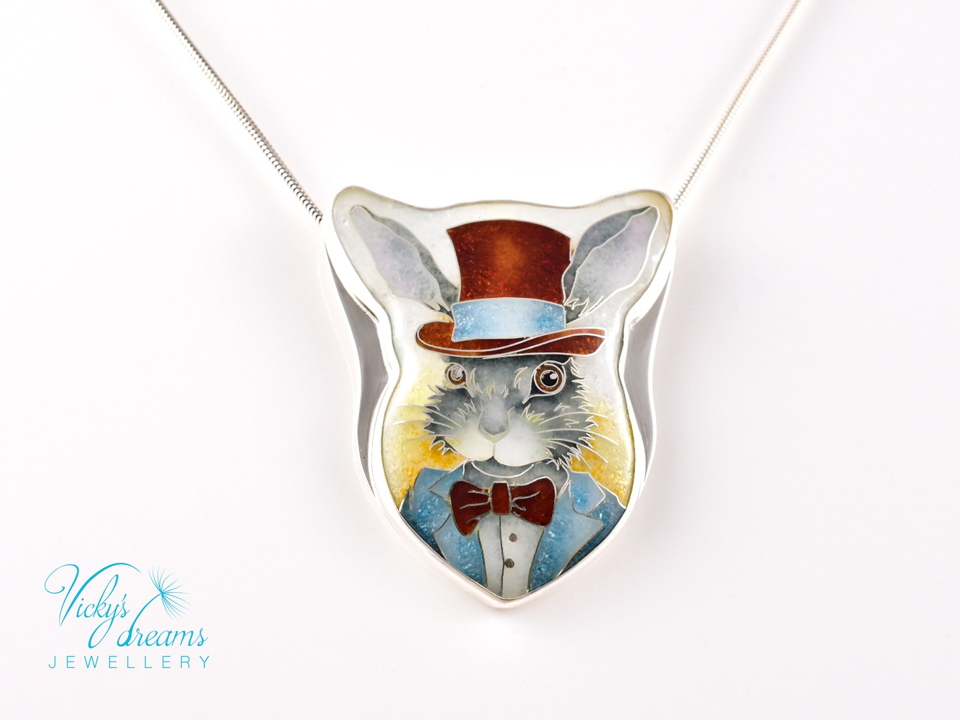 Handmade Bunny in a Hat cloisonné pendant necklace in sterling silver