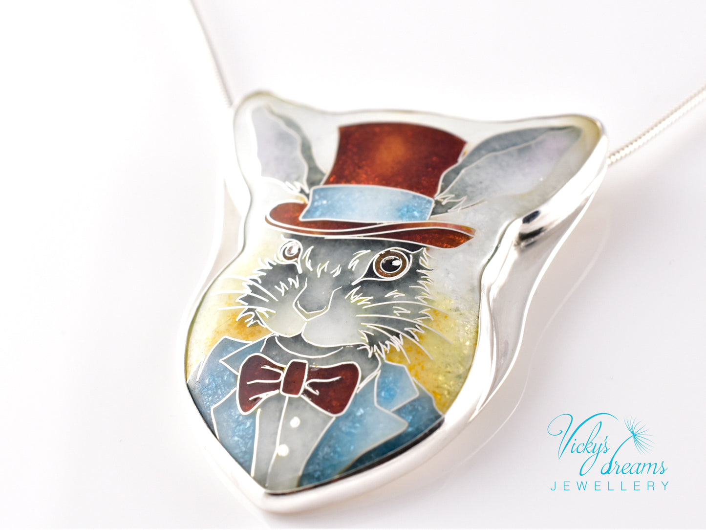 Handmade Bunny in a Hat cloisonné pendant necklace in sterling silver