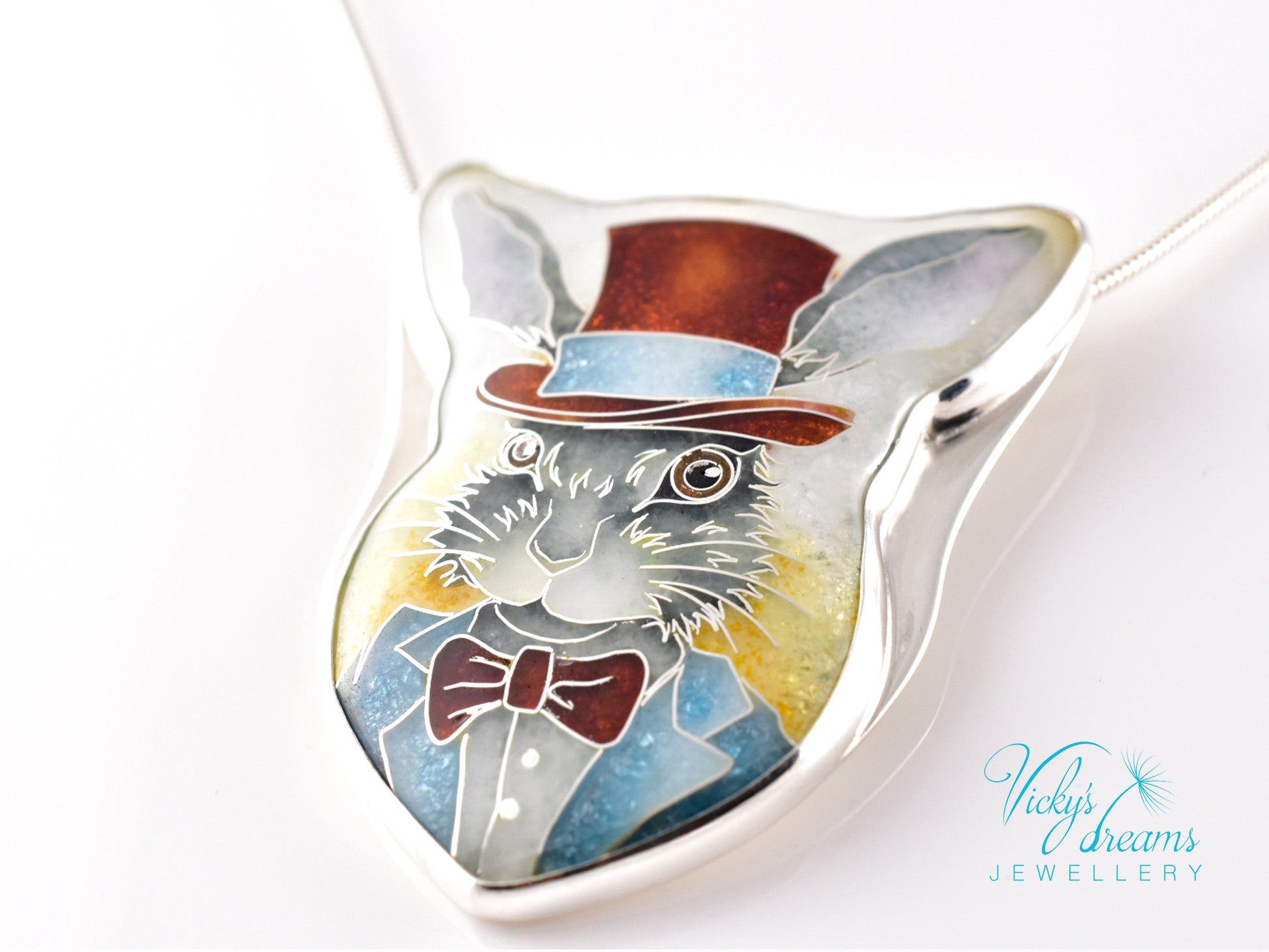 Handmade Bunny in a Hat cloisonné pendant necklace in sterling silver