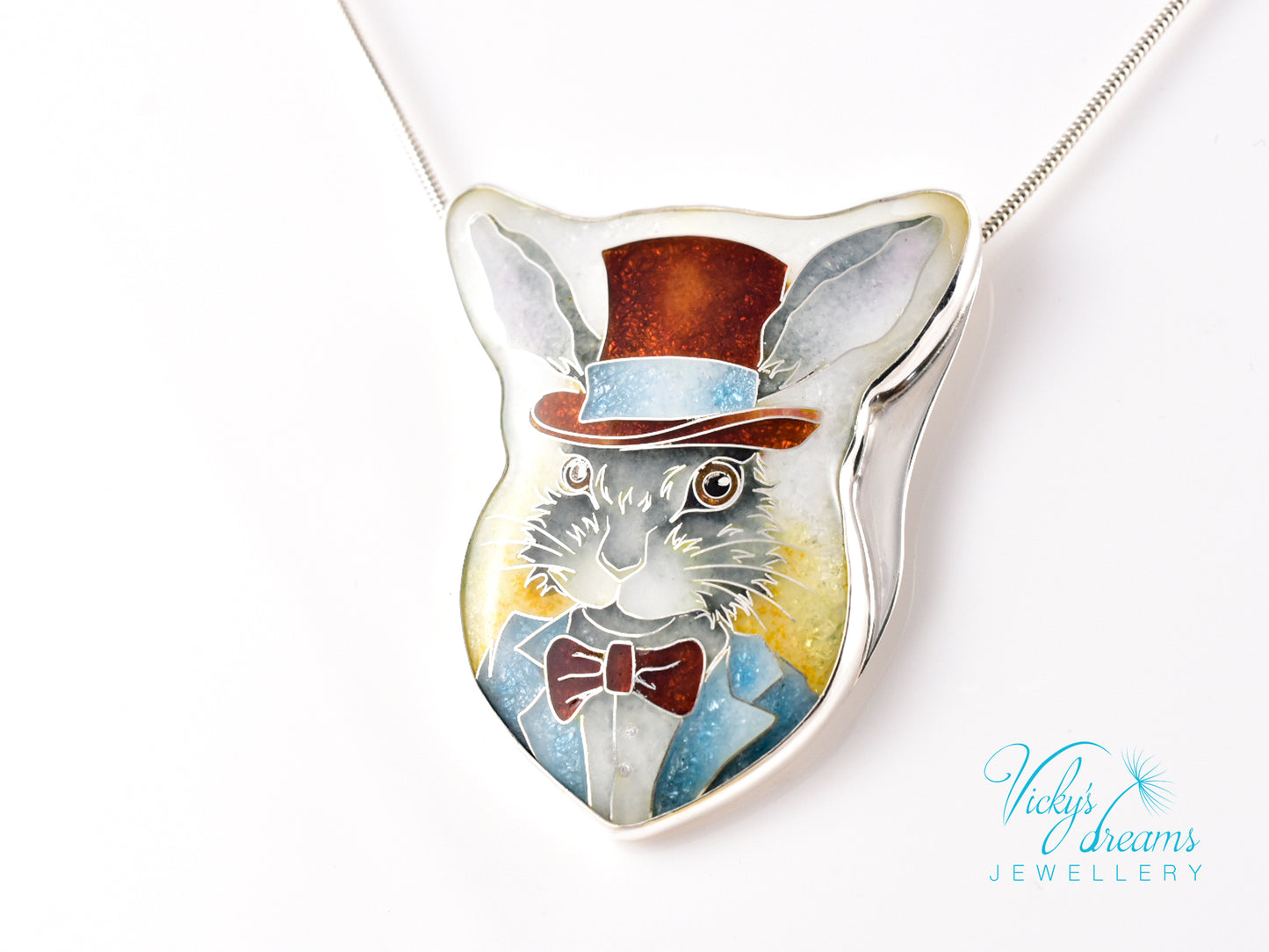 Handmade Bunny in a Hat cloisonné pendant necklace in sterling silver