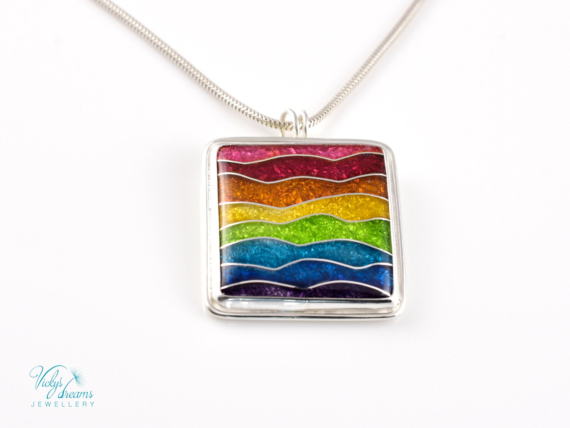 Handmade cloisonné rainbow waves pendant necklace in sterling silver