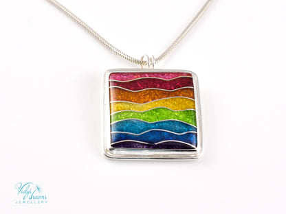 Handmade cloisonné rainbow waves pendant necklace in sterling silver