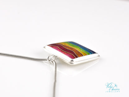 Handmade cloisonné rainbow waves pendant necklace in sterling silver