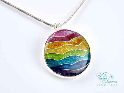 Handmade cloisonné rainbow waves pendant necklace in sterling silver