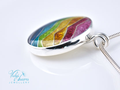 Handmade cloisonné rainbow waves pendant necklace in sterling silver