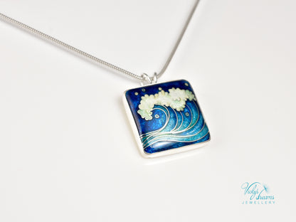 Handmade cloisonné ocean wave pendant necklace in sterling silver