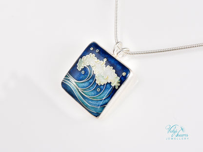 Handmade cloisonné ocean wave pendant necklace in sterling silver