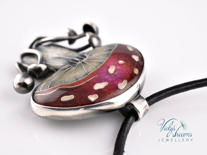 vibrant red mushroom Cloisonné enamel pendant