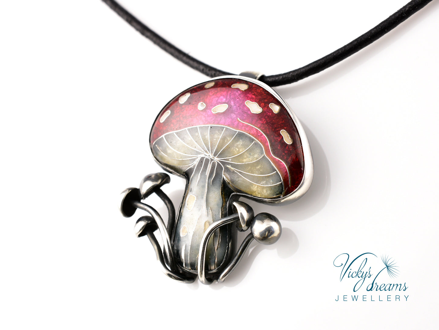 vibrant red mushroom Cloisonné enamel pendant