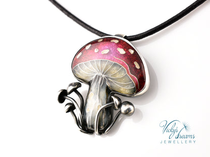 vibrant red mushroom Cloisonné enamel pendant