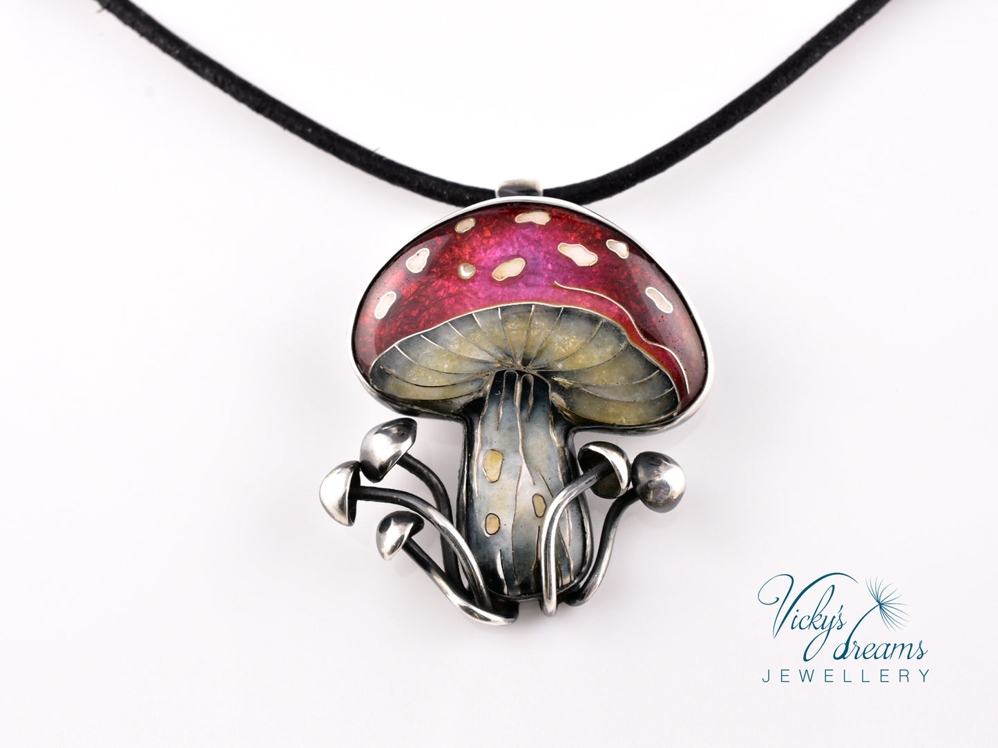 vibrant red mushroom Cloisonné enamel pendant