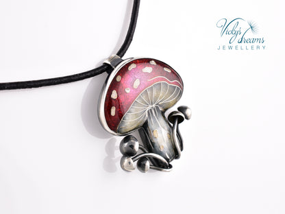 vibrant red mushroom Cloisonné enamel pendant