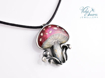 vibrant red mushroom Cloisonné enamel pendant