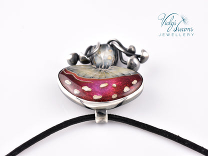 vibrant red mushroom Cloisonné enamel pendant