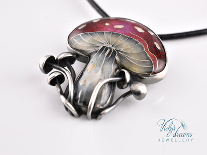 vibrant red mushroom Cloisonné enamel pendant