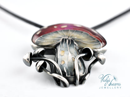 vibrant red mushroom Cloisonné enamel pendant