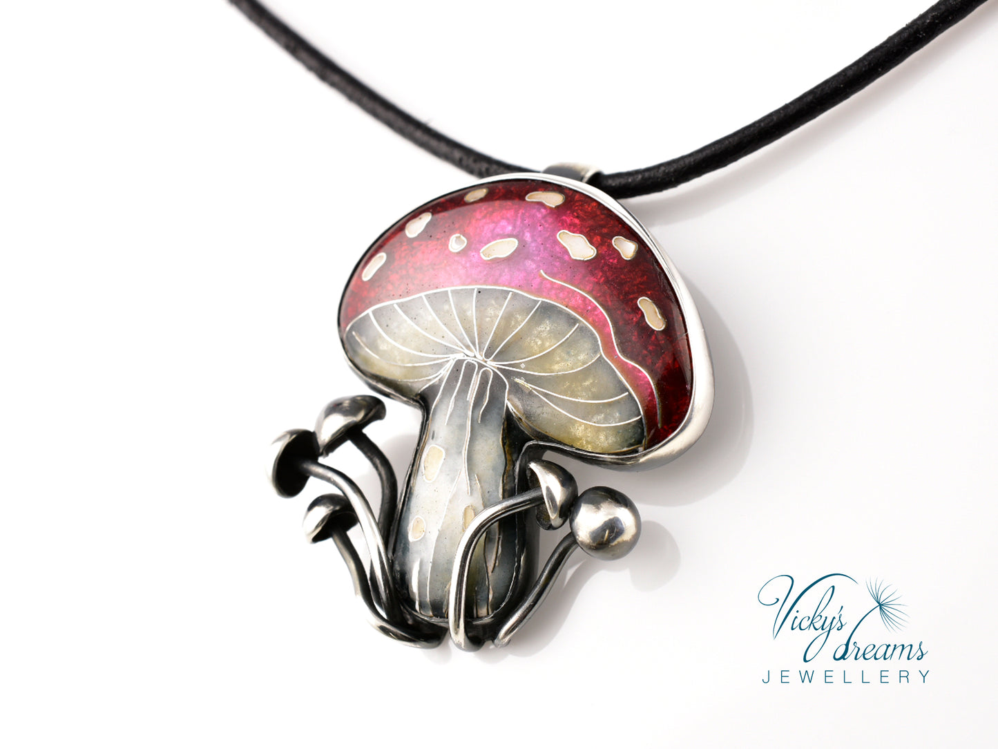vibrant red mushroom Cloisonné enamel pendant
