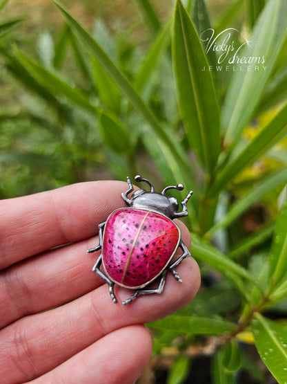 Pink Spotted Enamel Beetle Pendant | Sterling Silver Ladybug Insect Necklace | Cute Fuchsia Colorful Bug Jewelry