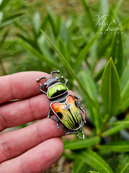 Beetle Cloisonne Enamel Pendant Necklace - Handmade Sterling Silver Insect Jewelry