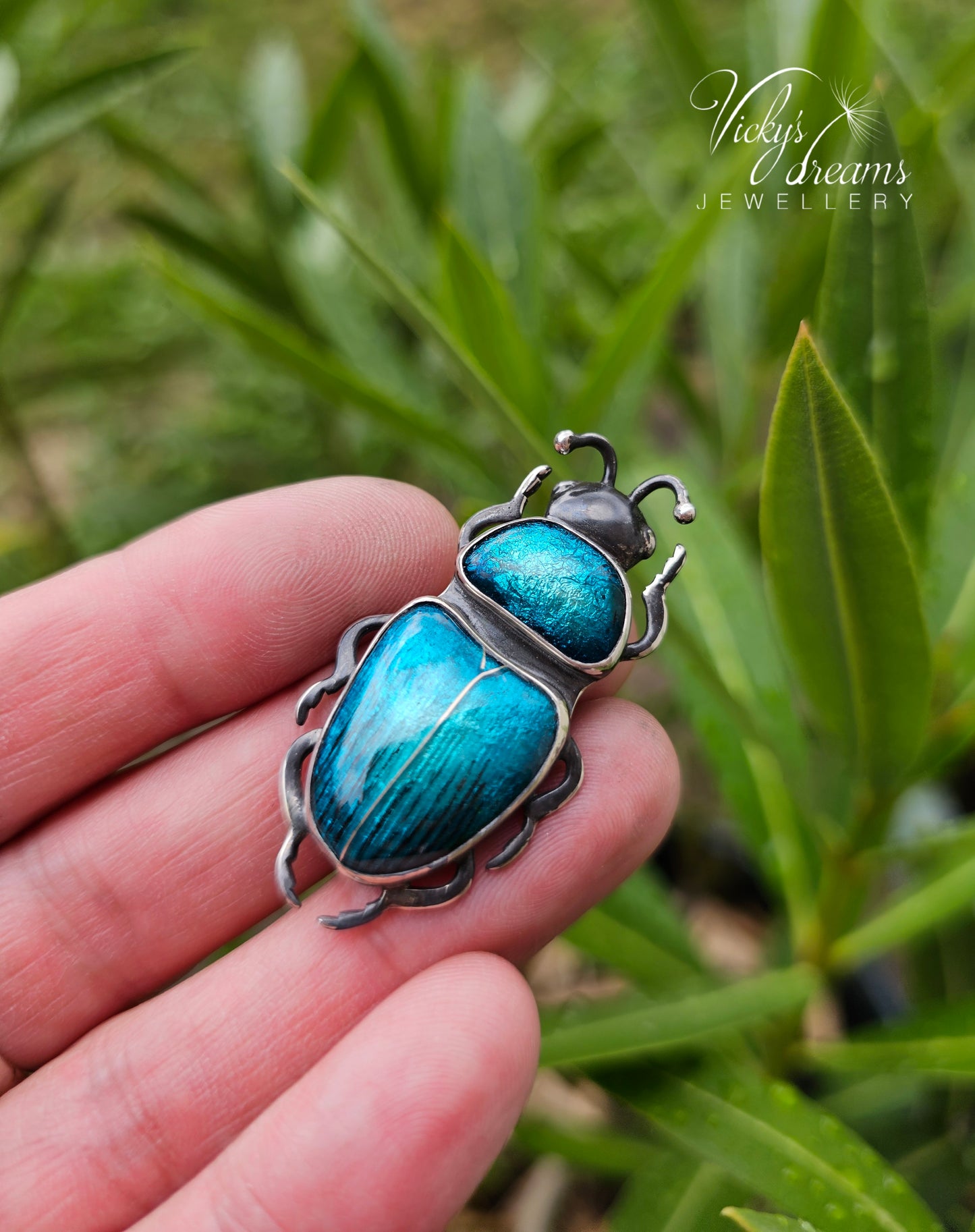 Teal Turquoise Enamel Beetle Pendant | Sterling Silver Split Wing Insect Jewelry | Emerald Green Bug Necklace