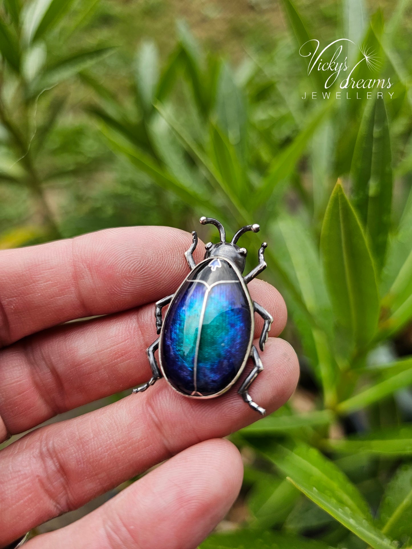Blue Purple Enamel Scarab Beetle Pendant | Sterling Silver Cloisonne Insect Necklace | Cosmic Bug Jewelry Without Chain