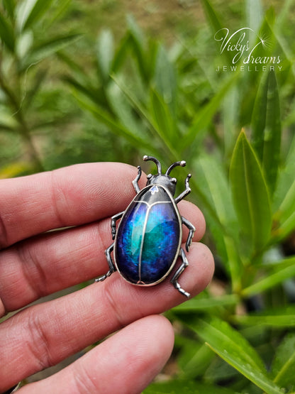 Blue Purple Enamel Scarab Beetle Pendant | Sterling Silver Cloisonne Insect Necklace | Cosmic Bug Jewelry Without Chain