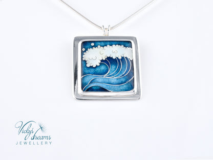 Cloisonné enamel necklace with blue and white sea wave design