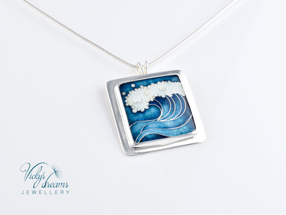 Cloisonné enamel necklace with blue and white sea wave design