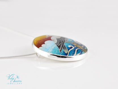 One-of-a-Kind Seagull Cloisonné Enamel Pendant – Sterling Silver Necklace