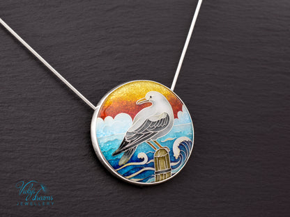 One-of-a-Kind Seagull Cloisonné Enamel Pendant – Sterling Silver Necklace