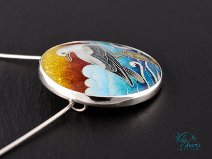 One-of-a-Kind Seagull Cloisonné Enamel Pendant – Sterling Silver Necklace