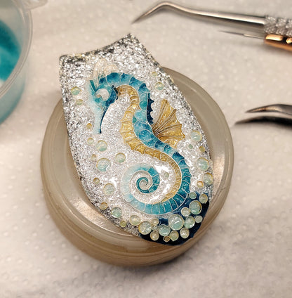 Handcrafted cloisonné seahorse pendant with vibrant enamel colors and rainbow moonstones