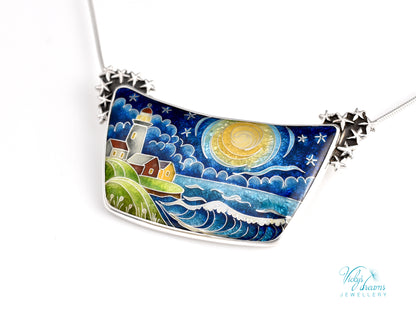 Handmade cloisonné night lighthouse pendant necklace in sterling silver