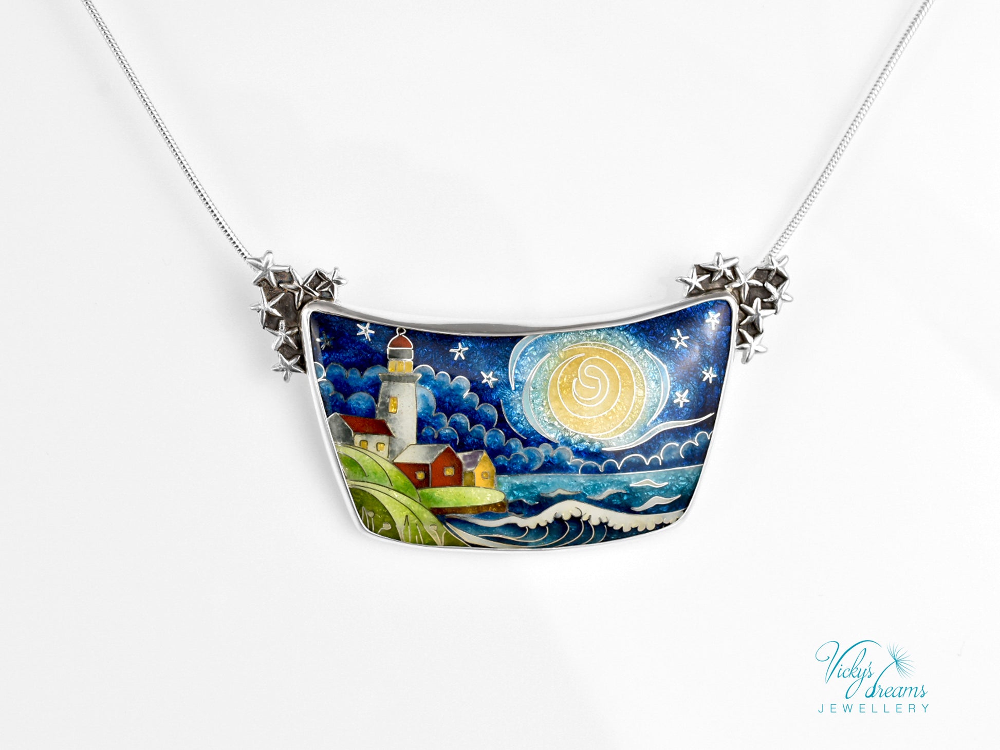 Handmade cloisonné night lighthouse pendant necklace in sterling silver