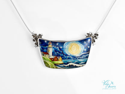 Handmade cloisonné night lighthouse pendant necklace in sterling silver
