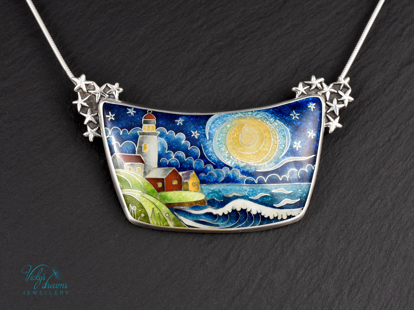 Handmade cloisonné night lighthouse pendant necklace in sterling silver