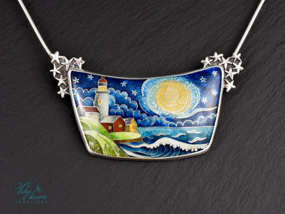 Handmade cloisonné night lighthouse pendant necklace in sterling silver