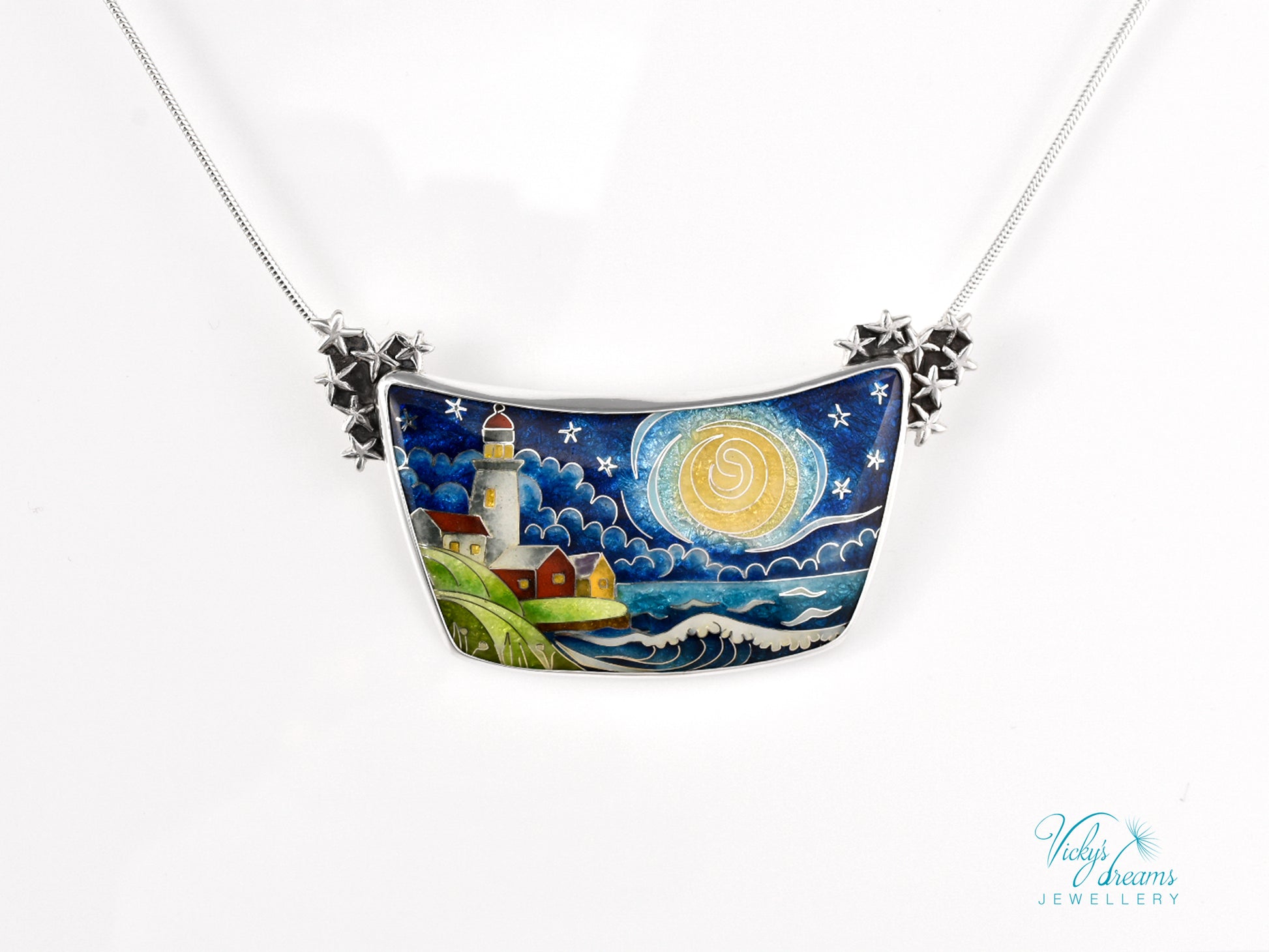 Handmade cloisonné night lighthouse pendant necklace in sterling silver