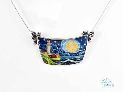Handmade cloisonné night lighthouse pendant necklace in sterling silver