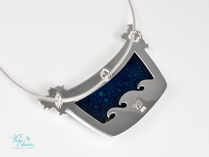 Handmade cloisonné night lighthouse pendant necklace in sterling silver