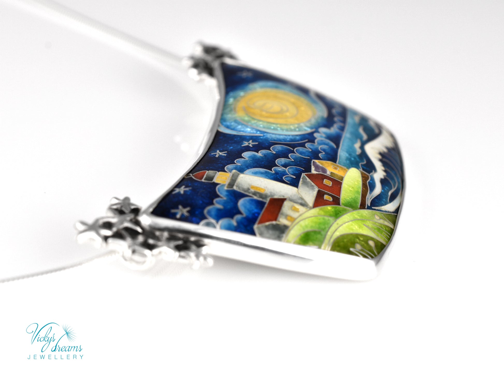 Handmade cloisonné night lighthouse pendant necklace in sterling silver