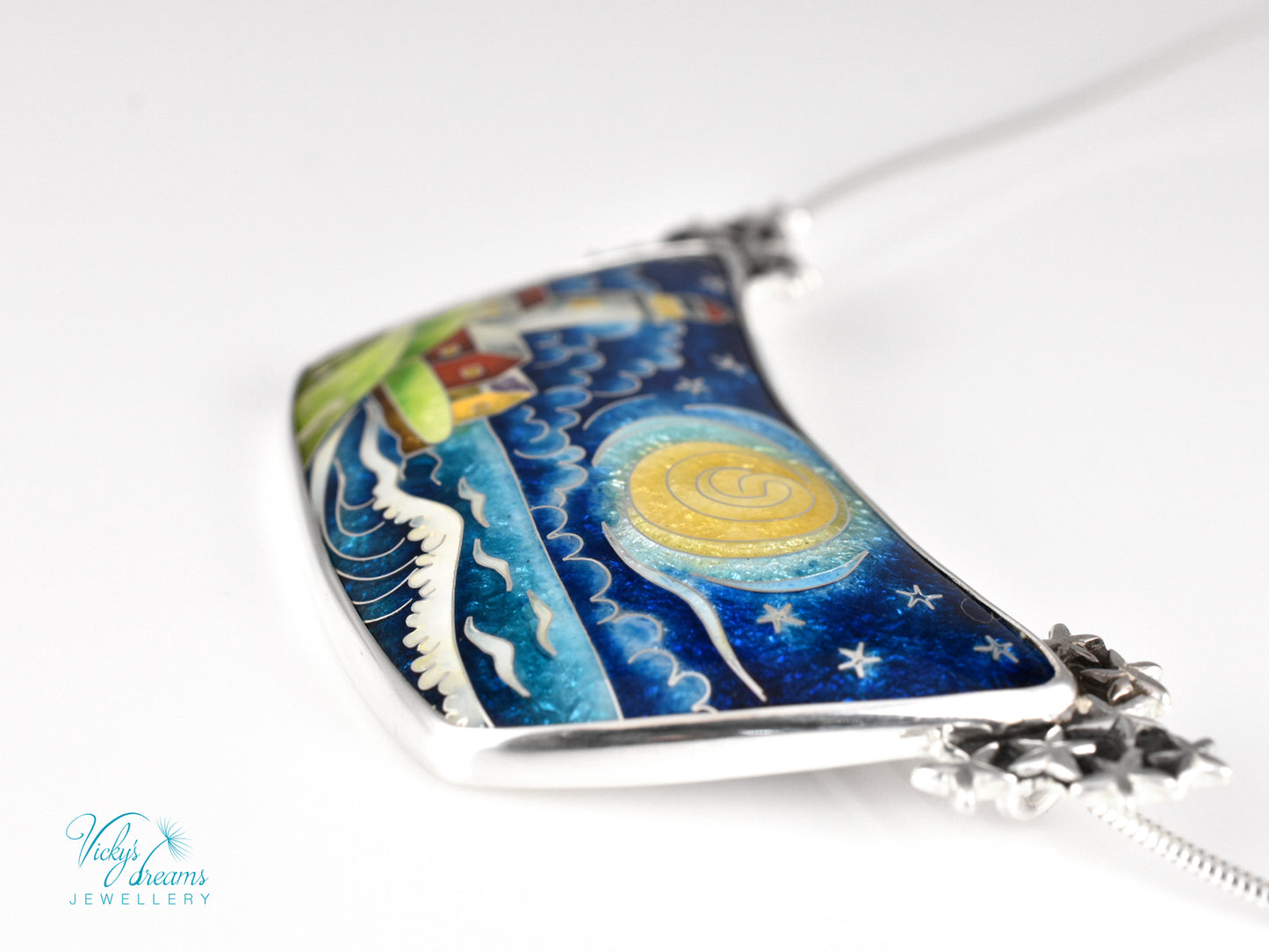 Handmade cloisonné night lighthouse pendant necklace in sterling silver