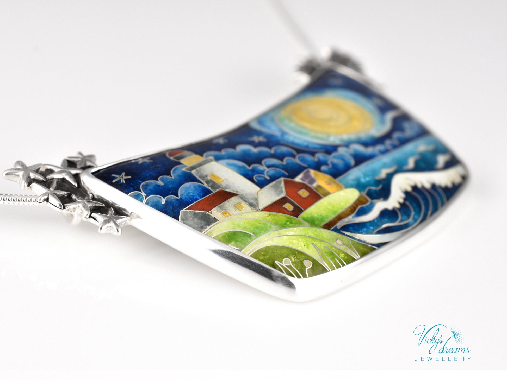 Handmade cloisonné night lighthouse pendant necklace in sterling silver
